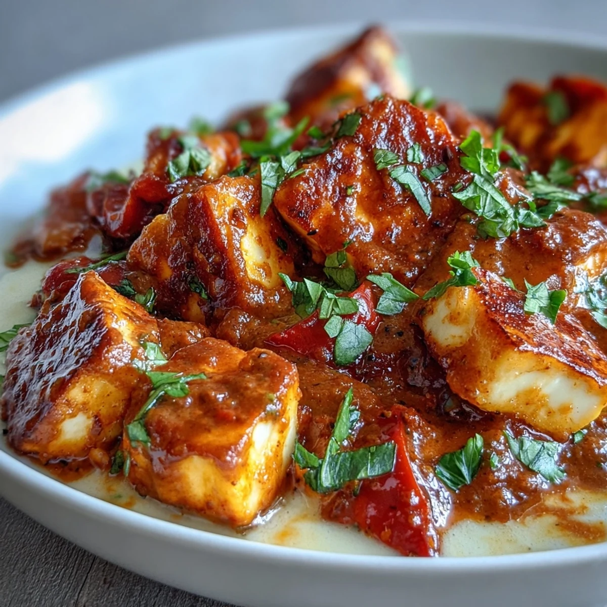 Sliced golden halloumi rests in a rich tomato coconut curry, served with naan and lemon.