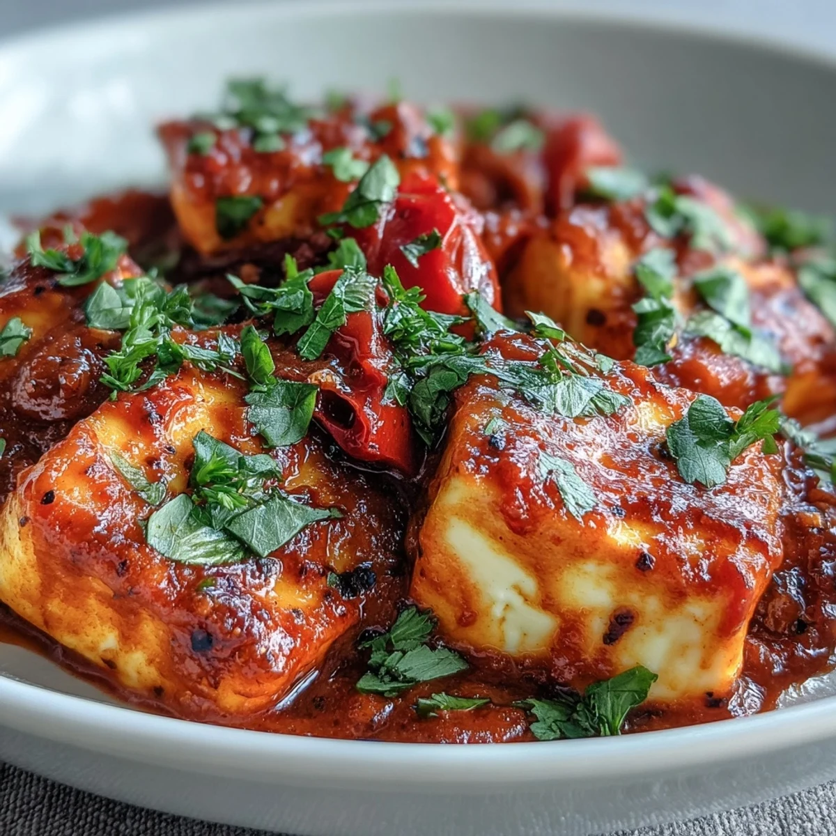 Creamy Halloumi and Tomato Curry in a skillet with vibrant red bell pepper and fresh cilantro.