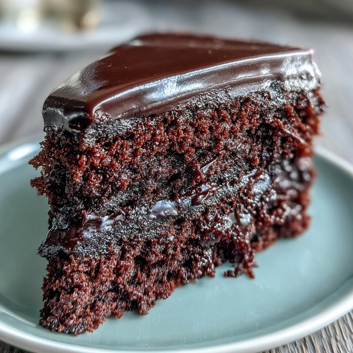 Two layers of moist Easy Chocolate Fudge Cake with rich, glossy chocolate icing are plated near a cake server.