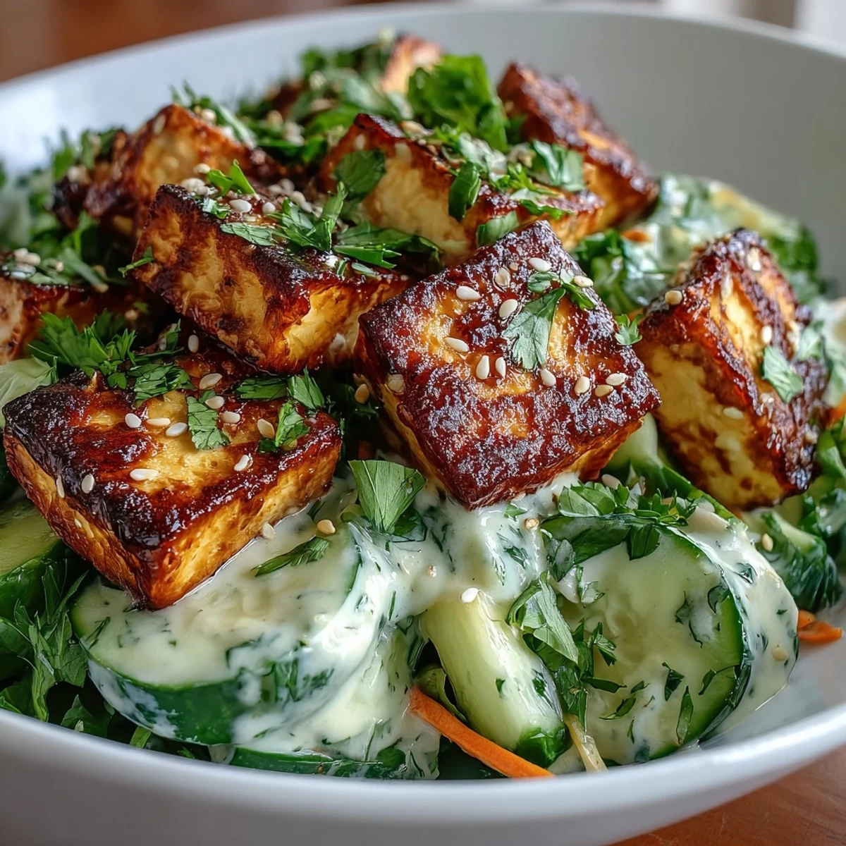 Golden, crispy tofu cubes piled atop a vibrant bowl of Creamy Asian Cucumber Salad, featuring cool cucumber slices and bright carrot matchsticks.