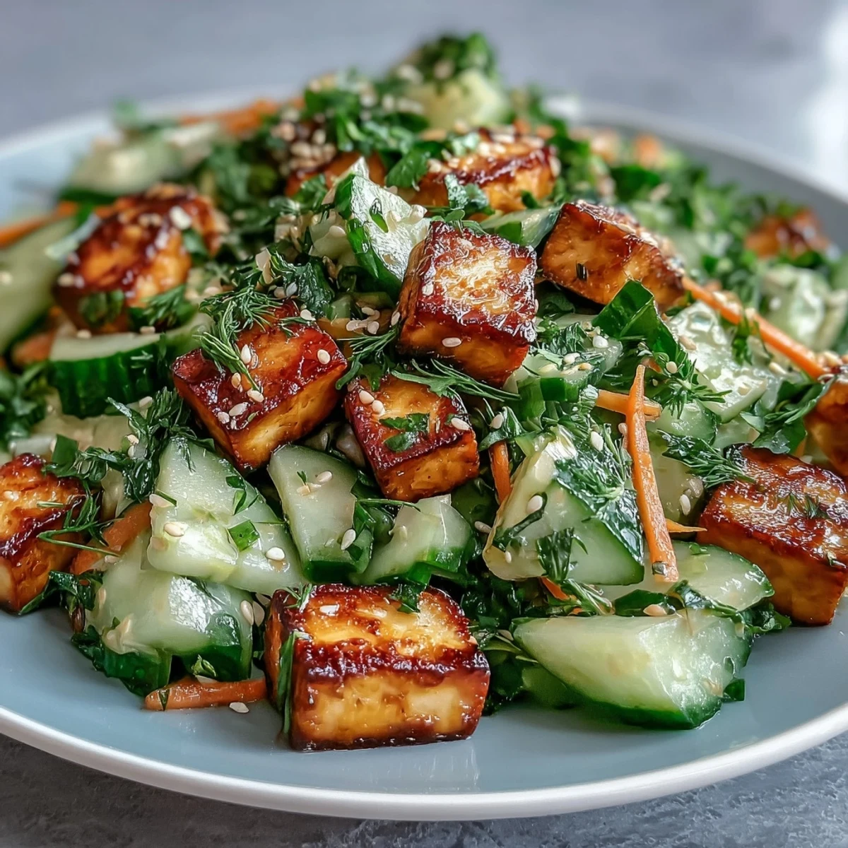 Ultra-crispy soy-braised tofu and crunchy cucumbers tossed in a creamy sesame-ginger dressing, served with fresh cilantro and lime wedges.