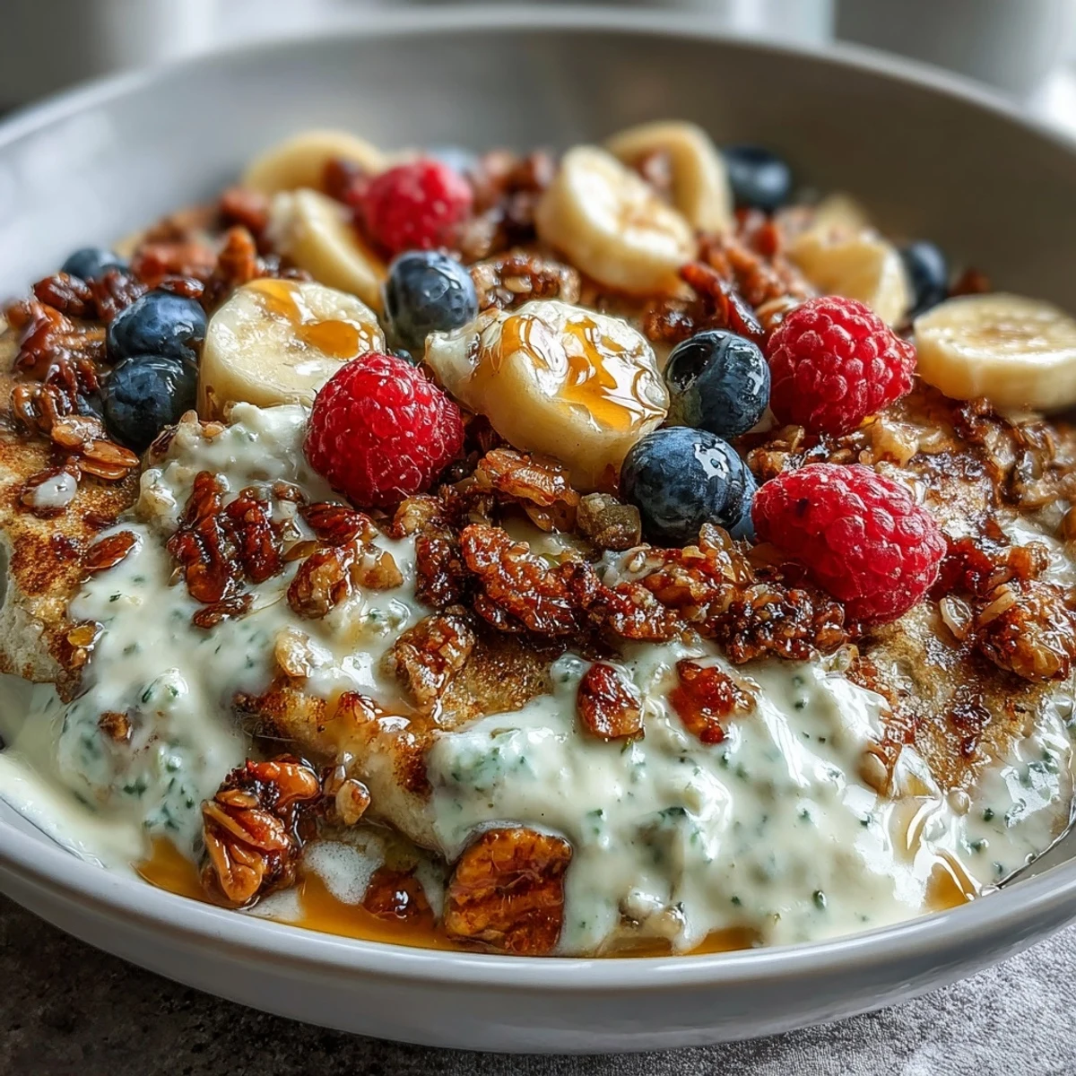 Close-up of a Protein Pancake Bowl featuring a hearty stack of banana-oat pancakes topped with Greek yogurt, vibrant mixed berries, crunchy walnuts, and a light dusting of cinnamon.