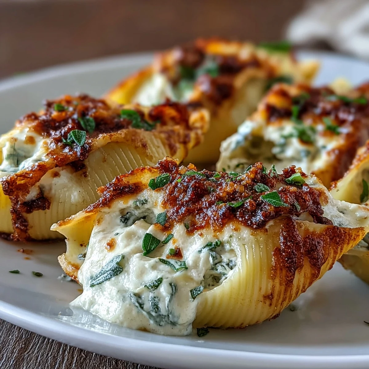 Golden baked jumbo pasta shells stuffed with creamy pumpkin and smoked Gouda, drizzled in a nutty brown butter sage Alfredo sauce.  