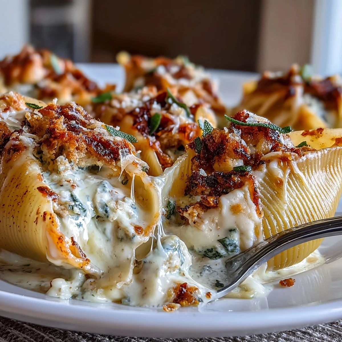 Rustic Italian-American dinner featuring rich, velvety pumpkin and Gouda filling nestled in golden shells topped with crispy sage.  