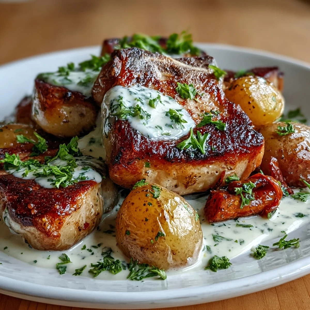 Golden-seared Crockpot Ranch Pork Chops layered over baby potatoes and carrots, drizzled with velvety ranch sauce.