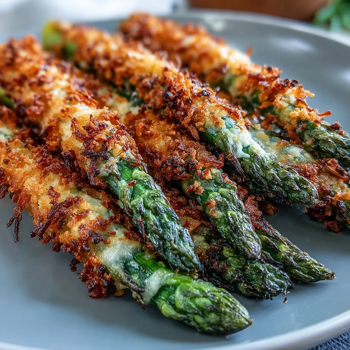Golden-baked Crispy Asparagus Asiago Spears arranged on a platter, showcasing their crunchy panko and cheese crust alongside fresh lemon wedges.  