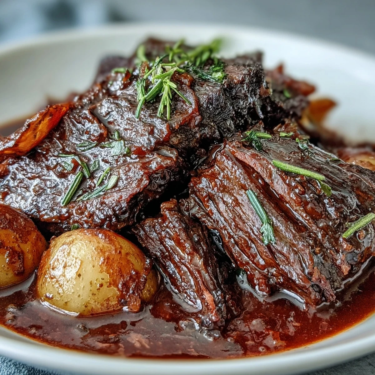 Savory beef pot roast slow-braised with red wine, aromatic herbs, and tender vegetables in rich gravy.