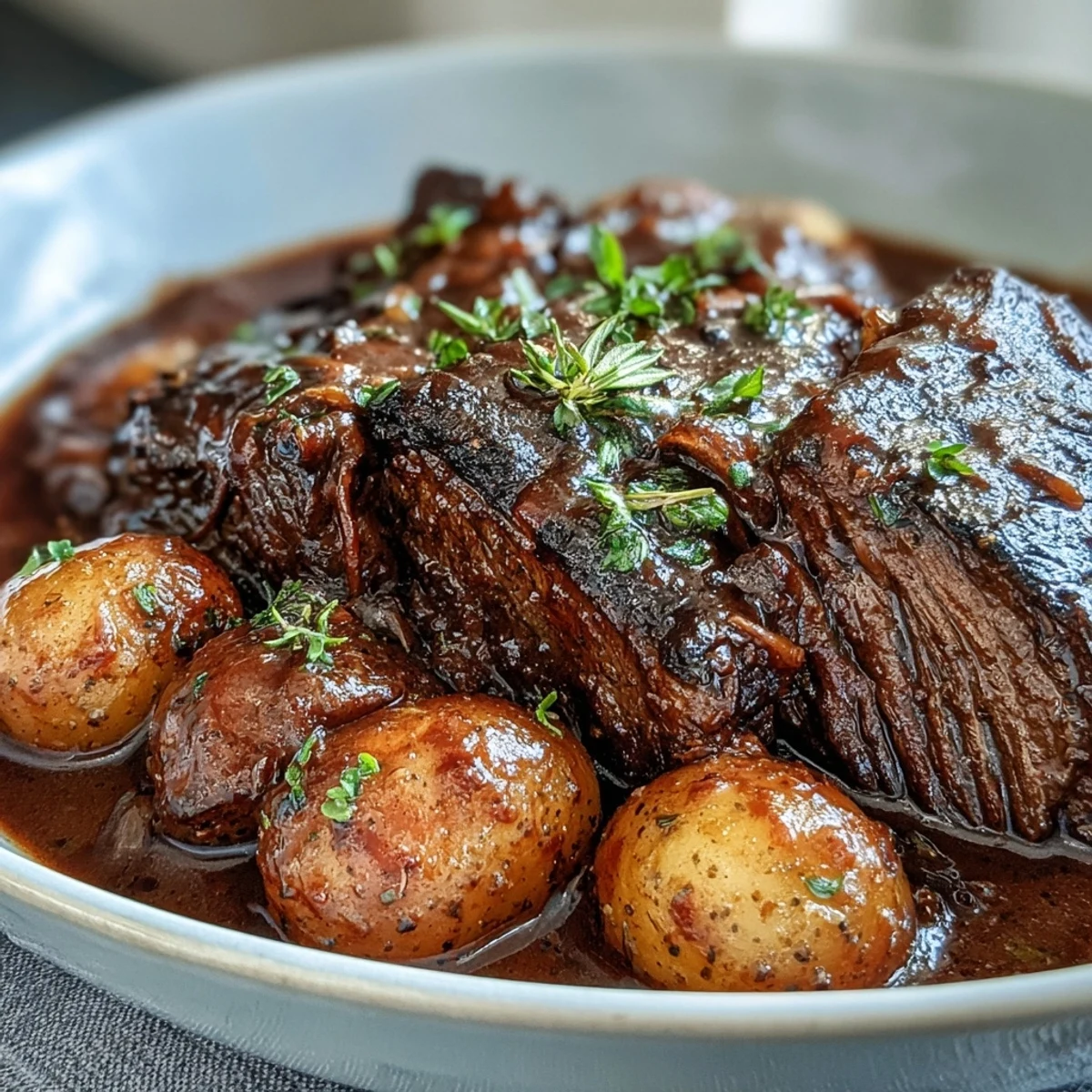 Hearty beef pot roast served with carrots, celery, and baby potatoes, garnished with fresh parsley.