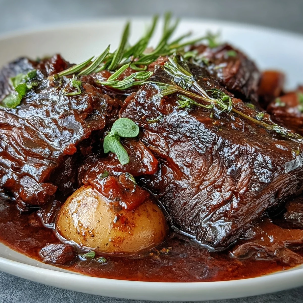 Classic American beef pot roast with succulent meat and vegetables, ideal for a comforting family dinner.
