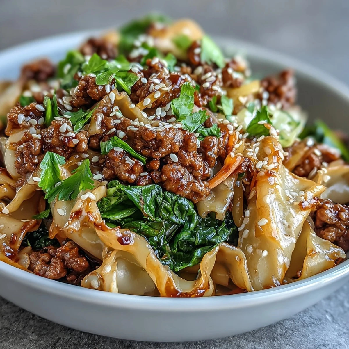 Vibrant bowl of Potsticker Noodle Bowls featuring tender rice noodles tossed in a savory soy sauce, browned pork, crisp cabbage, and fresh herbs.