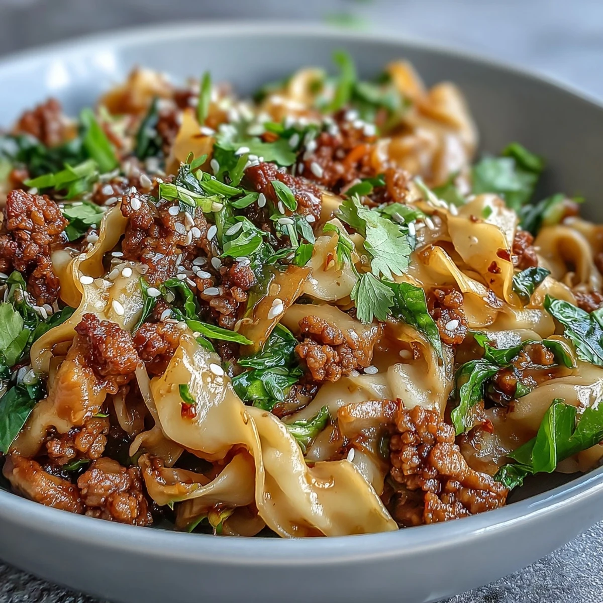 Warm Potsticker Noodle Bowls piled high with saucy noodles, savory ground pork, and fresh vegetables, ready to be squeezed with zesty lime.