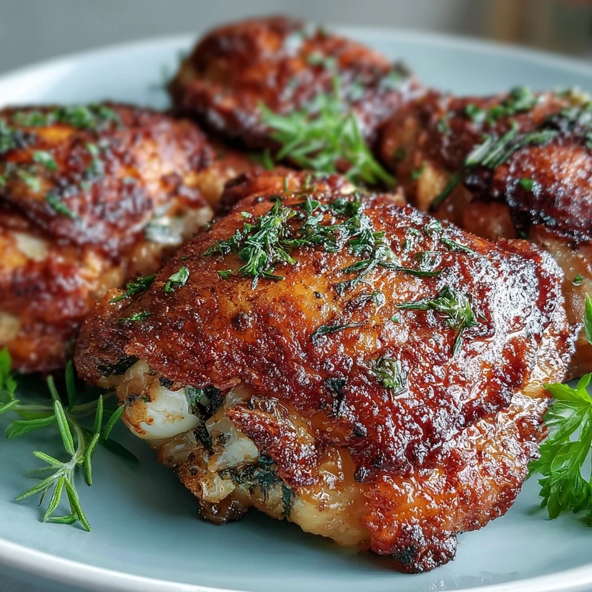 Golden, crackling skin on baked bone-in chicken thighs rests on a wire rack, ready to serve with lemon wedges.