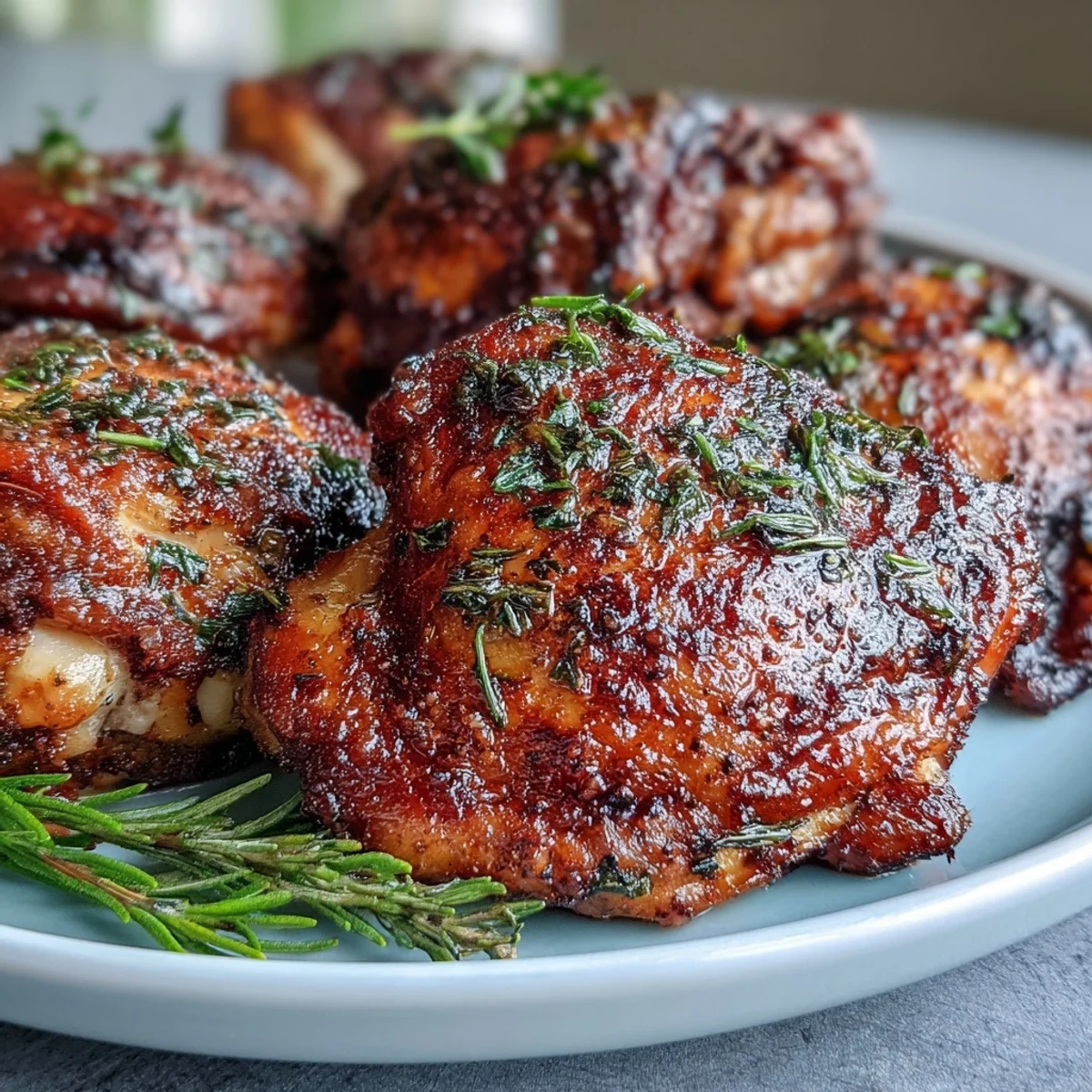 A close-up reveals juicy, succulent meat and crispy skin of bone-in chicken thighs, served hot from the oven.