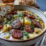 Hearty Potato, Leek and Chorizo Soup served in a rustic bowl with crusty bread on the side