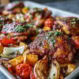 Crispy-skinned piri-piri Chicken and Sweet Potato Traybake served with lemon wedges and fresh herbs.