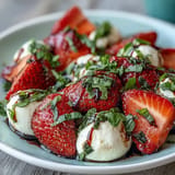 Vibrant strawberry Caprese salad, a refreshing summer appetizer with basil and glaze.