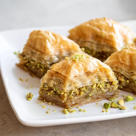 Golden-brown Turkish baklava with honey syrup glistens, a dessert with layers of flaky phyllo and nuts.