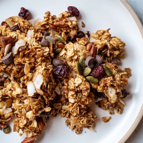 Golden homemade Granola Clusters with crunchy oats, almonds, pecans, and honey on a rustic wooden table.
