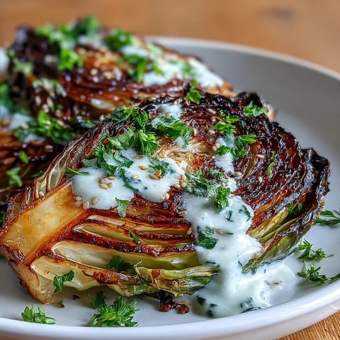 Roasted cabbage steaks with tahini drizzle garnished with parsley and sesame seeds.  