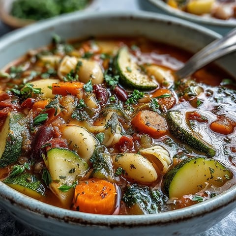 Hearty Vegetable Minestrone in a rustic bowl, topped with fresh parsley and grated Parmesan.