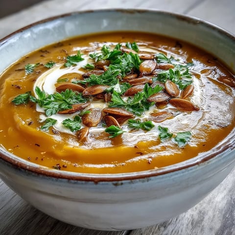 Creamy Pumpkin Soup with a drizzle of cream and toasted pumpkin seeds in a rustic bowl.