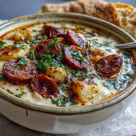 Creamy Potato, Leek and Chorizo Soup steaming in a bowl with fresh parsley garnish