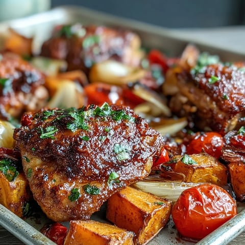 Roasted Chicken and Sweet Potato Traybake with juicy thighs and bell peppers on a sheet pan.
