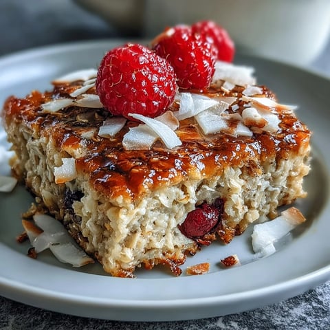 Warm slices of Baked Oatmeal with Raspberry and Coconut garnished with fresh berries on a rustic table.