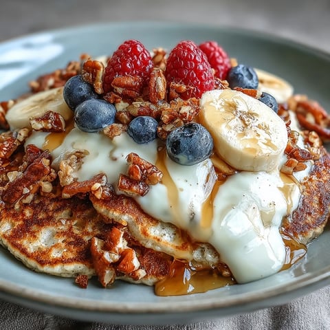 A golden Protein Pancake Bowl filled with a thick oat and banana pancake base, topped with creamy Greek yogurt, fresh berries, chopped nuts, and a generous honey drizzle.