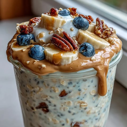 Overnight oats with peanut butter and banana slices, soaking in creamy vanilla protein mixture in a jar.