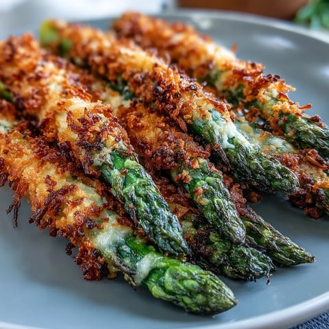 Golden-baked Crispy Asparagus Asiago Spears arranged on a platter, showcasing their crunchy panko and cheese crust alongside fresh lemon wedges.  