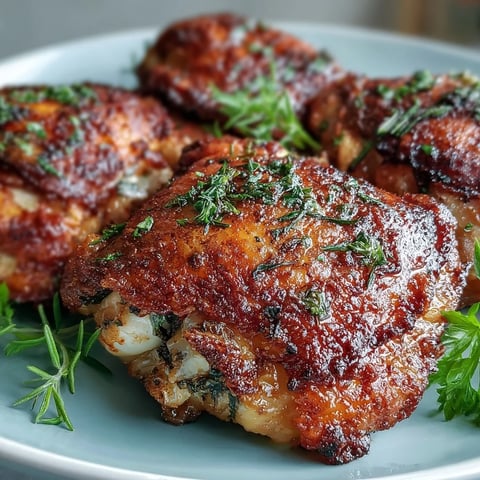 Golden, crackling skin on baked bone-in chicken thighs rests on a wire rack, ready to serve with lemon wedges.