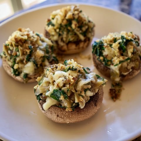 These baked Creamy Spinach and Artichoke Stuffed Mushrooms offer a rich, savory, vegetarian appetizer idea.