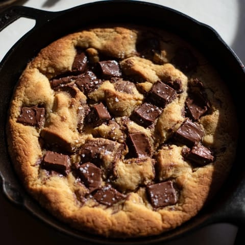 A close-up of a warm chocolate chunk skillet cookie, showing melty chocolate and a soft, chewy texture.