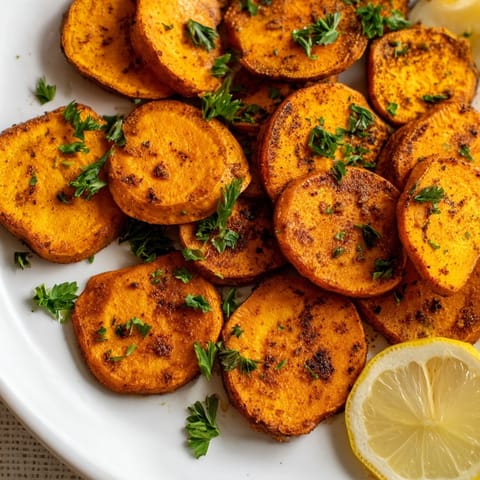 Crispy Cajun roasted sweet potatoes, sprinkled with herbs, providing a delicious vegan-friendly meal option.