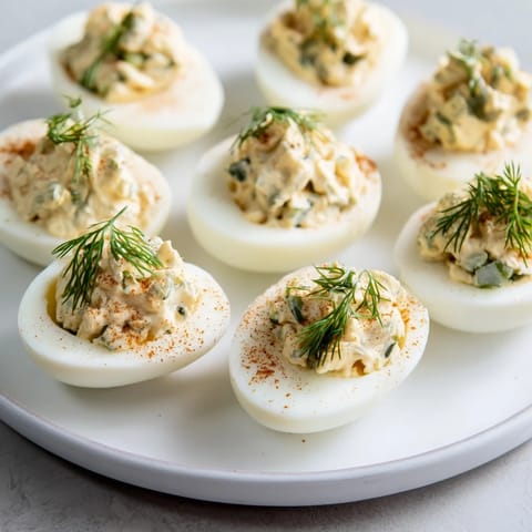 Bright, creamy Dill Pickle Deviled Eggs arranged on a serving platter, perfect for a flavorful snack.