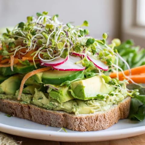 A hearty Green Goddess Sandwich, showing layers of fresh ingredients ready for a delicious lunch.