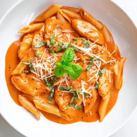 A close-up of Creamy Tomato Basil Chicken Pasta, showing the richness of the creamy sauce and tender chicken.
