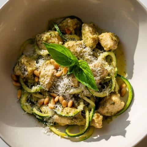 A close-up of a Pesto Zucchini Chicken Bowl with tender chicken, spiralized zucchini, and a fresh basil garnish.