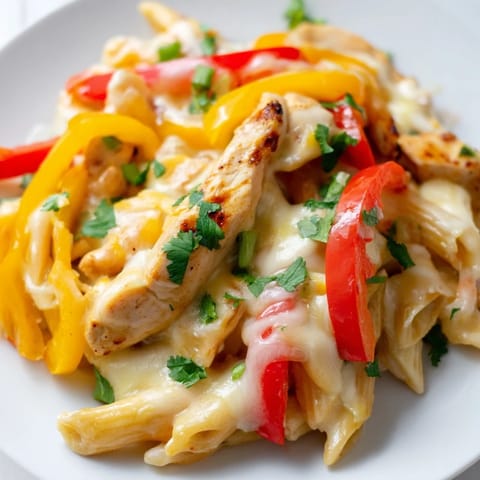 Hot Fajita Chicken Pasta Skillet topped with fresh cilantro and lime wedges for serving.