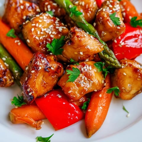 Sheet pan honey garlic chicken and roasted spring vegetables glistening with a sweet-savory sauce, ready to serve over fluffy rice.