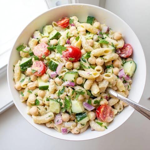 A chilled lemon herb chickpea pasta salad topped with crumbled feta, kalamata olives, and vibrant parsley on a rustic table.
