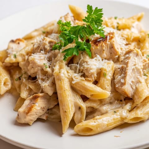 Perfect for a weeknight dinner, Roasted Garlic Chicken Penne pairs with a fresh green salad and a glass of chilled white wine.