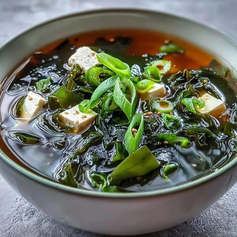 Steaming bowl of wakame soup with tender tofu and vibrant scallion garnish.