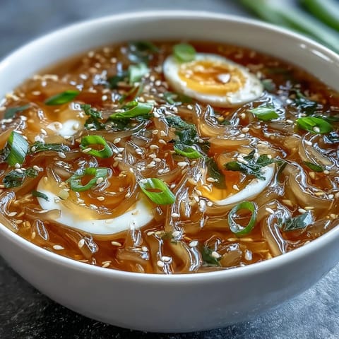 Shirataki noodles simmered in warming ginger garlic bone broth, garnished with chili slices and sesame seeds.