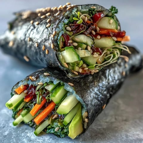 Fresh, vibrant Nori Rolls with Vegetables filled with crisp cucumber, creamy avocado, and crunchy sprouts on a platter.  
