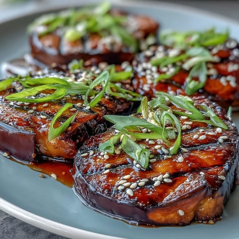 Tender Japanese eggplant with golden, broiled miso glaze, garnished with green onions.