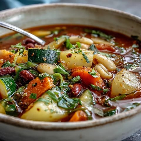 Warm spoonful of Vegetable Minestrone featuring tender pasta and creamy beans in tomato broth.