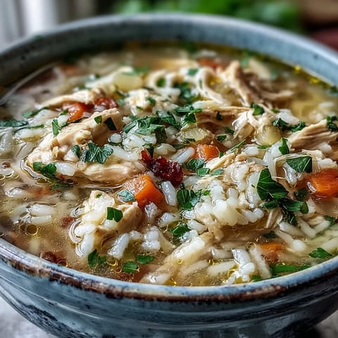 This homemade Cozy Winter Chicken and Rice Soup features tender shredded chicken and carrots.