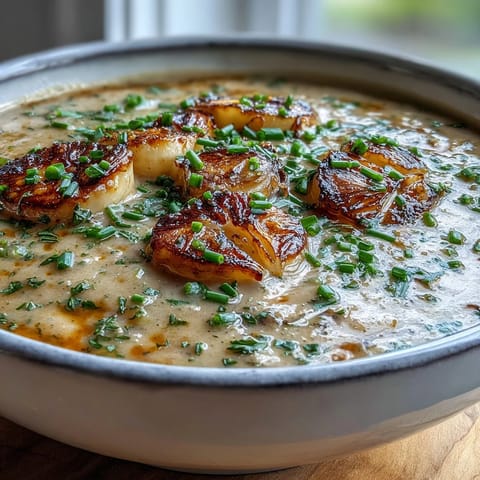 Creamy Roasted Garlic and Herb Soup in a rustic bowl, topped with fresh herbs and olive oil drizzle.